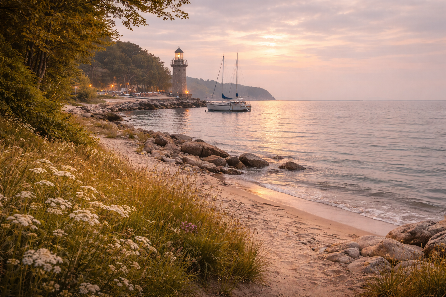 Küstenstreifen mit Hafen und Leuchtturm
