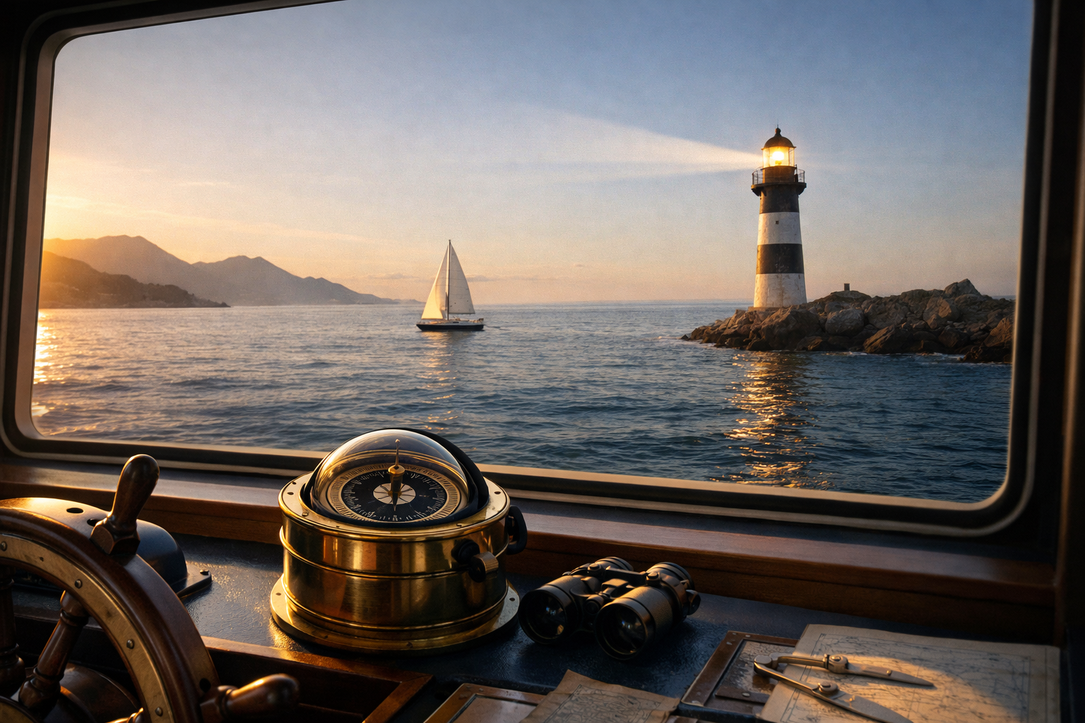 Blick von der Brücke auf ruhige See mit Kompass und Leuchtturm
