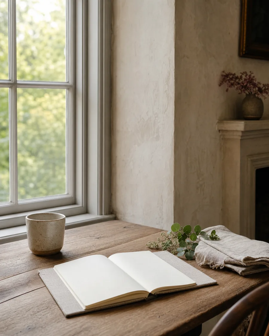 Offenes Journal und Keramiktasse in ruhiger Retreat-Atmosphäre